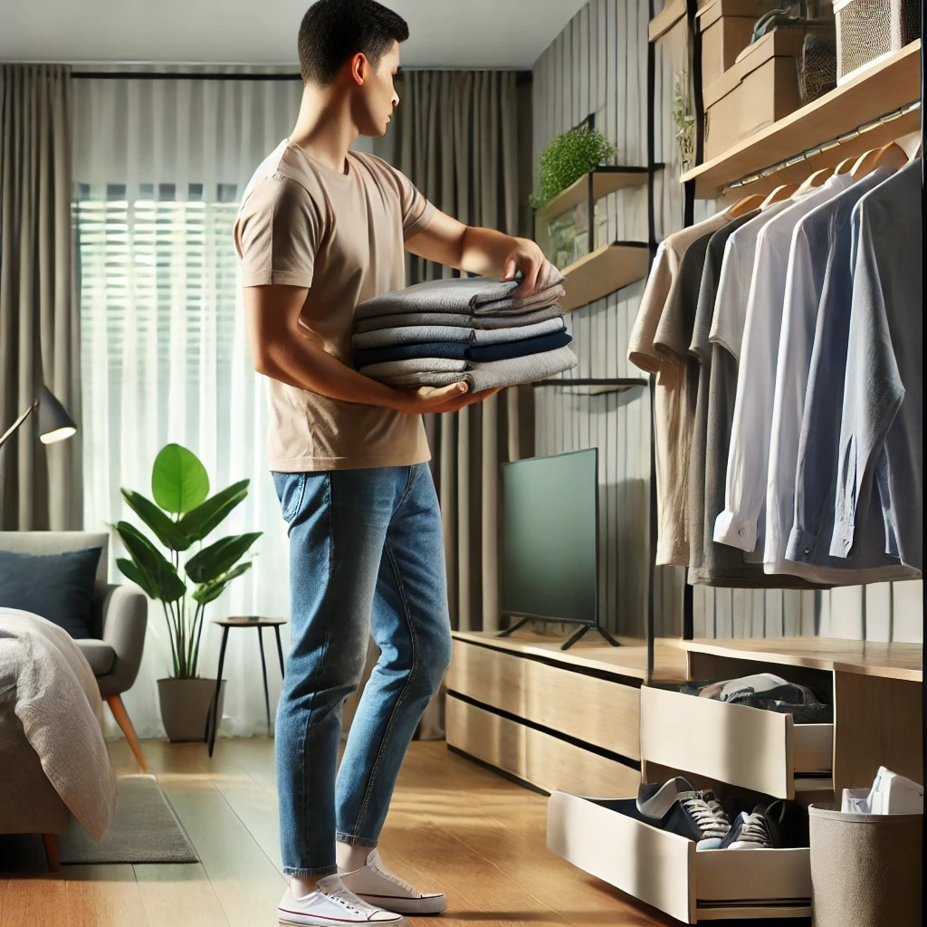 DALL·E 2025-01-23 11.59.59 - A person organizing a closet or shelf, neatly folding clothes or arranging items in a tidy and modern home setting. The background is a well-lit room .jpg