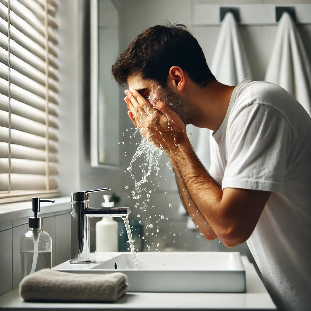 DALL·E 2025-01-23 11.59.56 - A person washing their face at a sink, with water splashing slightly and a towel hanging nearby, in a clean and minimalist bathroom.jpg