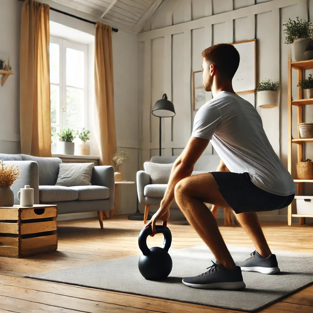 DALL·E 2025-01-23 11.59.49 - A person performing a squat exercise at home with a kettlebell, in a clean and organized living room setting. The person is wearing comfortable athlet.jpg