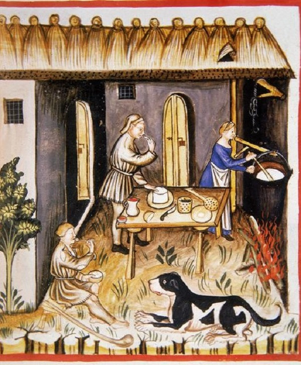 Making White Cheese - Tacuinum Sanitatis (ÖNB Codex Vindobonensis, series nova 2644), c. 1370-1400.jpg