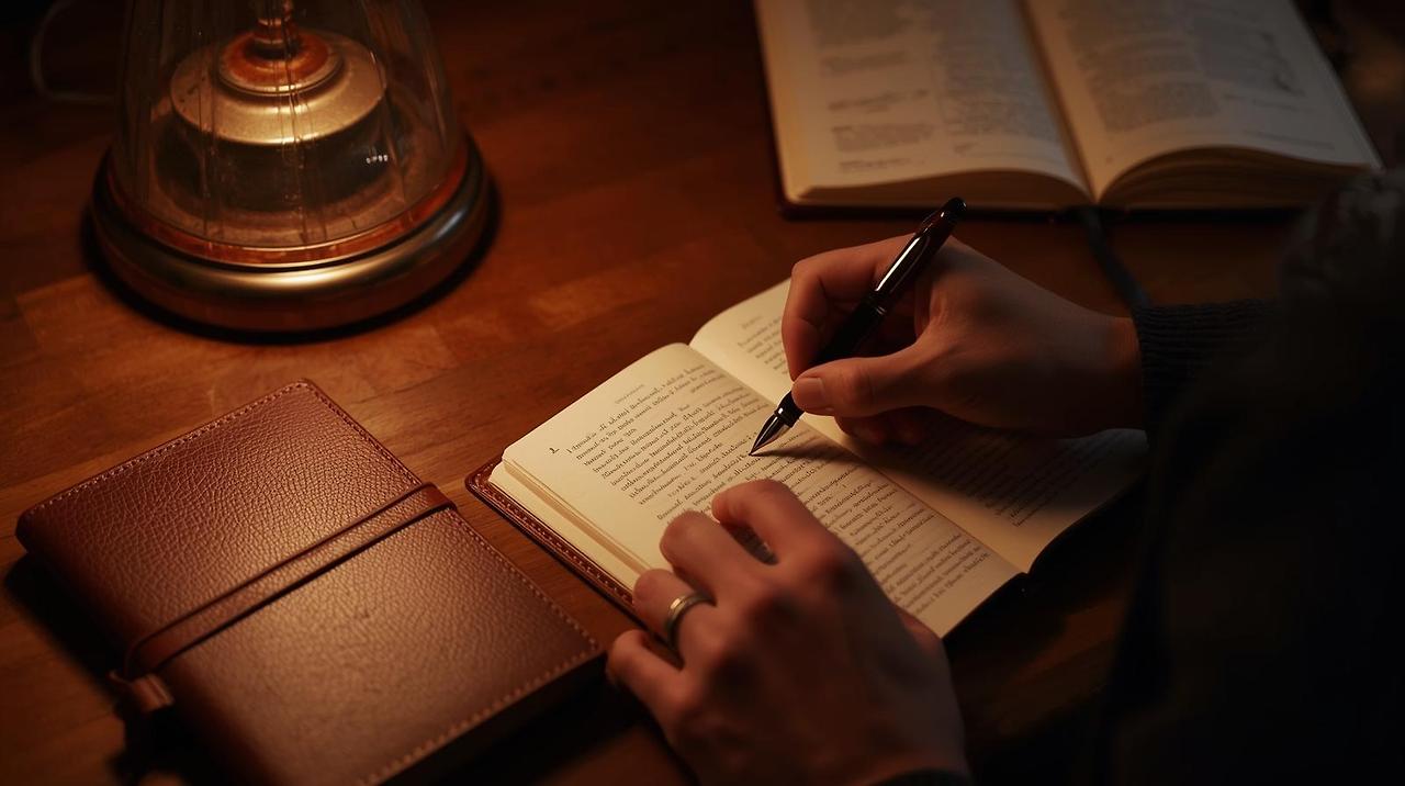 따뜻한 조명의 책상 위, 노트북과 다이어리, 펜으로 꼼꼼히 일기나 메모를 쓰는 손.jpg