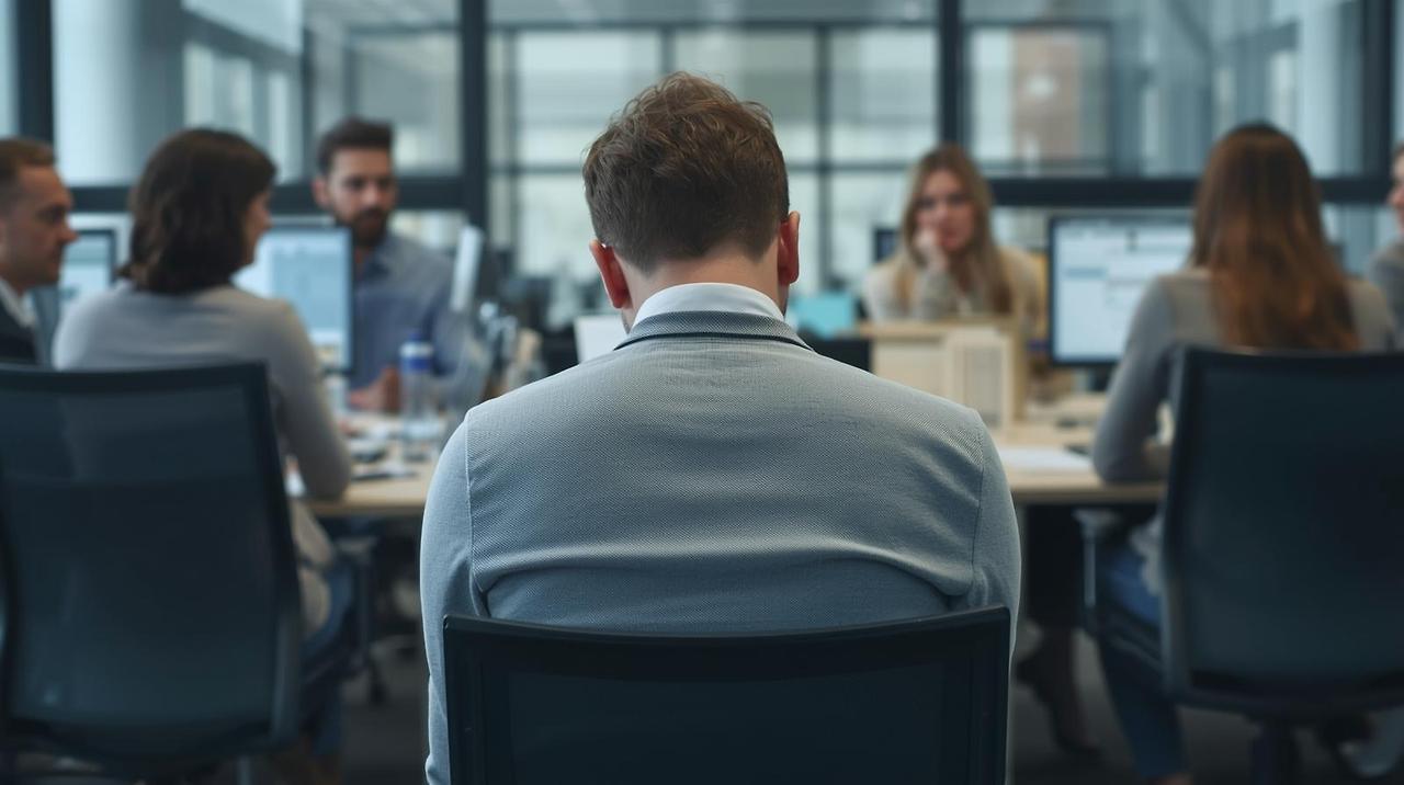 동료들이 대화하는 뒷모습, 그 중 한 명만 자신의 자리에서 멀거니 바라보며 고개를 숙이는 장면 (2).jpg