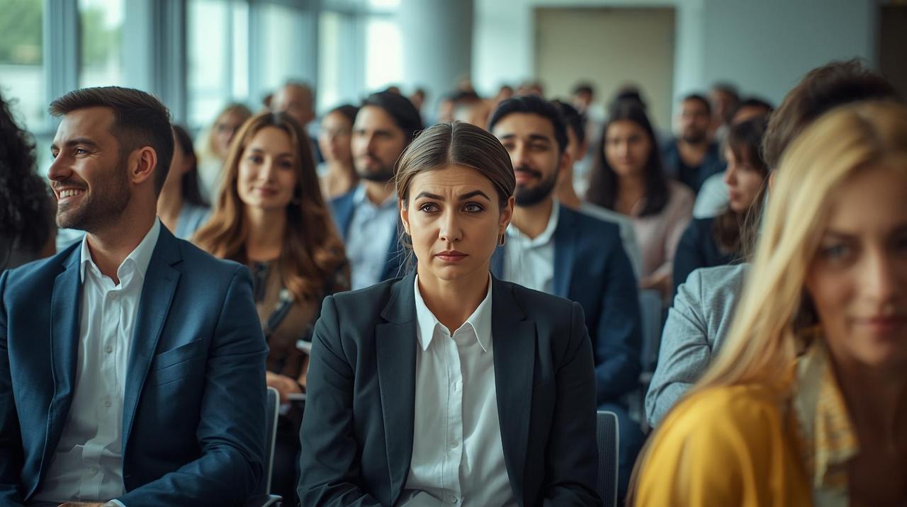 밝은 회의실에서 모두 미소를 짓고 있는데, 한 사람만 진지하거나 불편한 표정으로 앉아있는 씬.jpg