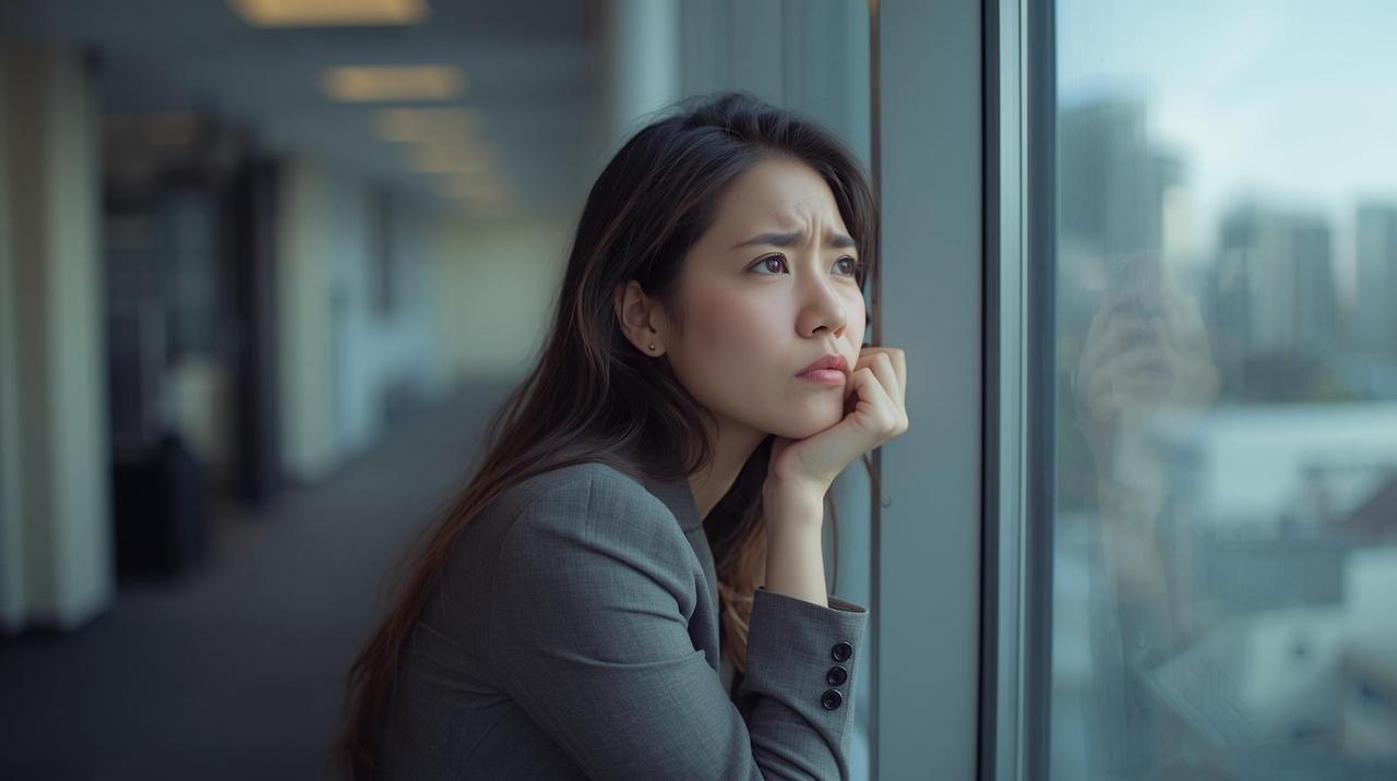 사무실 복도, 창가에 혼자 기대어 걱정스러운 표정으로 먼 곳을 바라보는 직장인.jpg