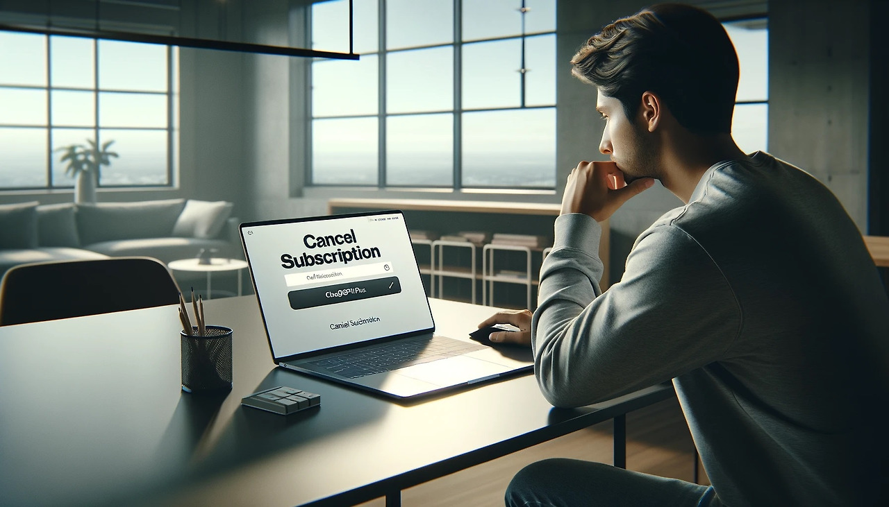 DALL·E 2024-02-08 11.56.03 - A person is sitting at a modern, sleek workspace with a laptop open in front of them. The laptop screen displays a webpage with a clear, prominent but.jpg