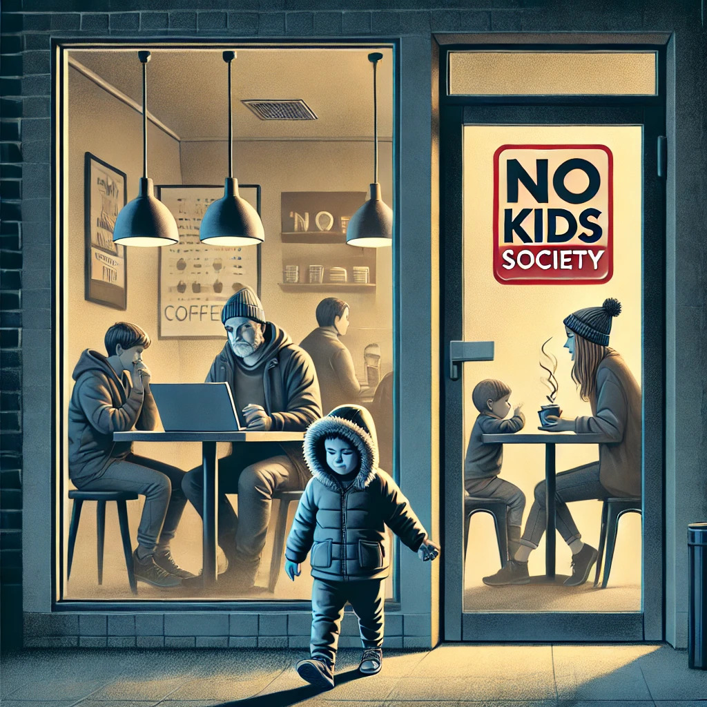 DALL·E 2025-03-22 12.47.23 - A symbolic illustration of a 'No Kids Society'_ A modern café with a 'No Kids' sign on the door, where adults are sitting with laptops and coffee, whi.jpg
