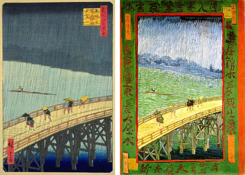 (7) 6 Hiroshige_Evening Shower at Atake and the Great Bridge, Van_Gogh bridge in the rain (1856, 1887).jpg