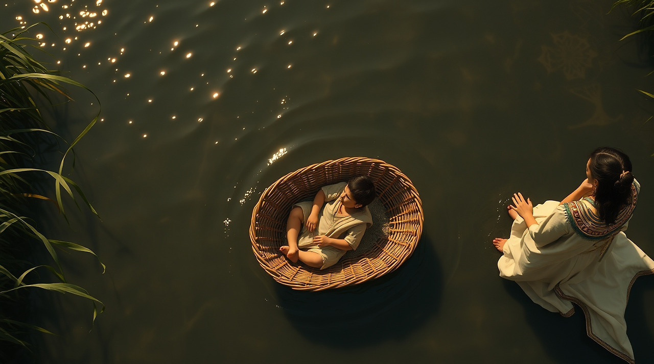 Overhead bird’s eye view, iridescent colors. The Nile River gleams. A woven basket holding the infant Moses floats amidst reeds. An Egyptian princess in linen and gold watches as her attendant retrieves the basket.  Distant palace, top-do.jpg