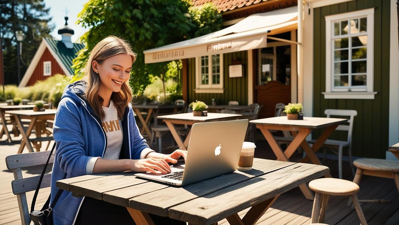 나는 22년 경력의 심리상담사야. 디지털노마드가 되어 전 세계를 여행하는 중이야. 핀란드의 한 노천카페에 앉아서 라떼를 마시며 노트북으로 일하는 모습을 만들어줘 (1).jpg