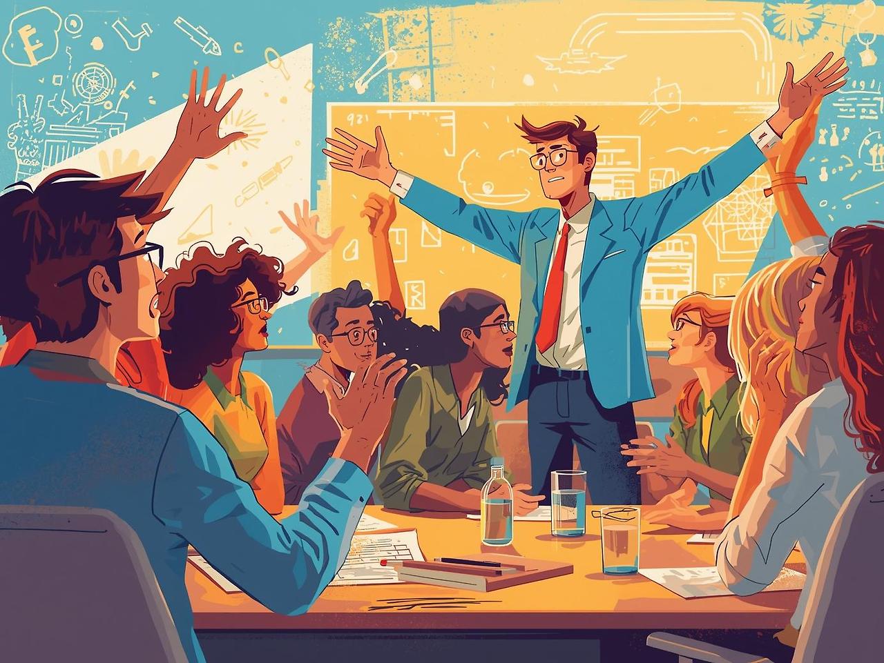 강사와 수많은 교육생들의 주고 받는 생각의 교류를 표현해줘.jpg