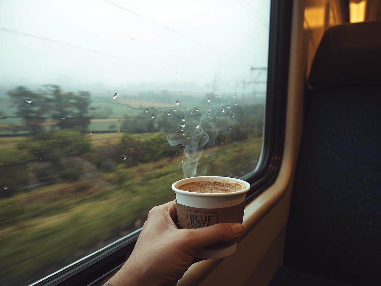 열차안에서 블루보틀커피를 마시며 창밖을 풍경을 보는 모습을 1인칭 관점에서 그려줘.jpg