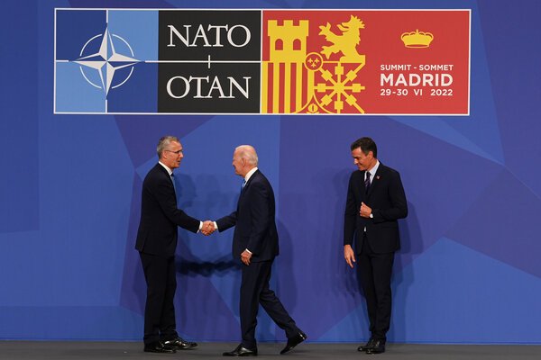From left, the NATO secretary general Jens Stoltenberg, President Biden and Prime Minister Pedro Sánchez of Spain at the NATO summit in Madrid on Wednesday.Kenny Holston for The New York Times.jpg