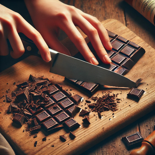 DALL·E 2025-03-08 22.58.43 - Step 1_ Chopping dark chocolate into small pieces on a wooden cutting board. A sharp knife is slicing through the chocolate, with small pieces scatter.jpg