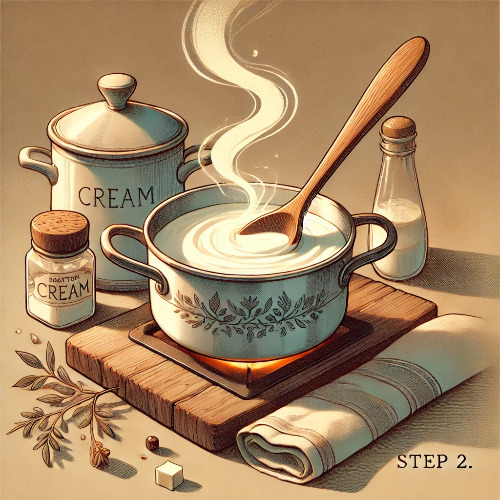 DALL·E 2025-03-08 22.58.46 - Step 2_ Heating cream in a small pot until warm (not boiling), with gentle steam rising. A wooden spoon is stirring the cream in a cozy kitchen settin.jpg