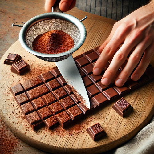 DALL·E 2025-03-08 23.01.54 - Step 5_ Cutting and dusting chocolate - A close-up view of a hand using a knife to cut solidified chocolate into small squares on a wooden board. A si.jpg