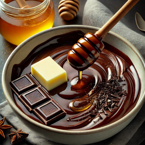 DALL·E 2025-03-08 23.01.51 - Step 3_ Adding butter and honey to melted chocolate - A close-up view of a bowl with melted dark chocolate, a small pat of butter, and a drizzle of ho.jpg