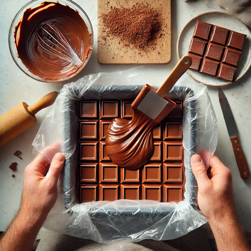 DALL·E 2025-03-08 23.01.53 - Step 4_ Pouring chocolate mixture into a square mold - A top-down view of a square container lined with plastic wrap, where a person is pouring the me.jpg