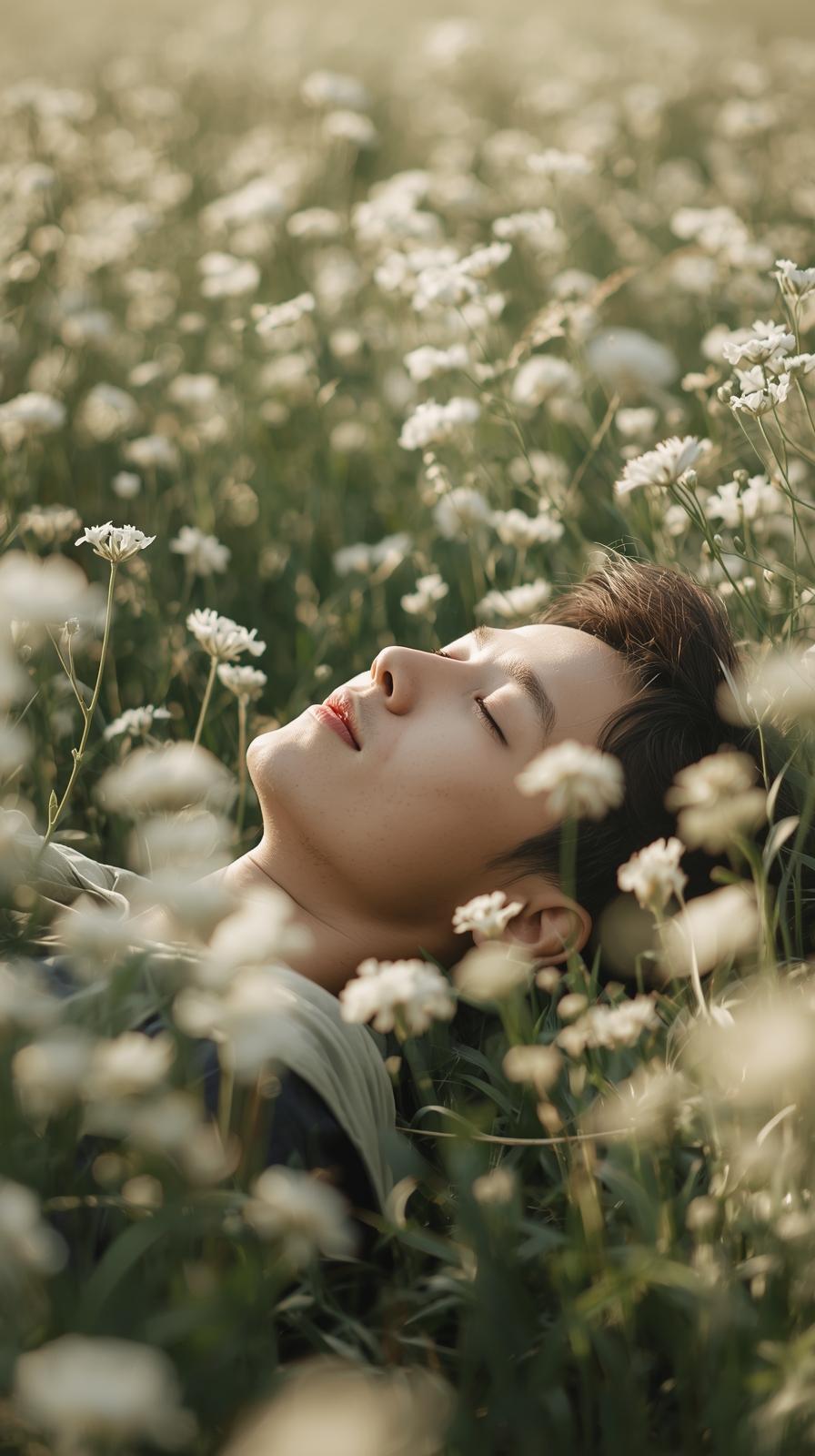 하얀 메밀꽃 밭 위에 죽은 듯 누워있는 동양 남자.jpg