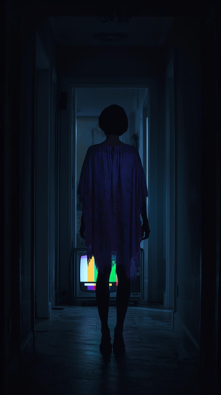 Cinematic shot, psychological horror atmosphere, inside a dark and narrow luxury apartment hallway, a woman with short hair wearing a loose faded purple dress standing with her back to the camera, looking at an old television set on the flo.jpg