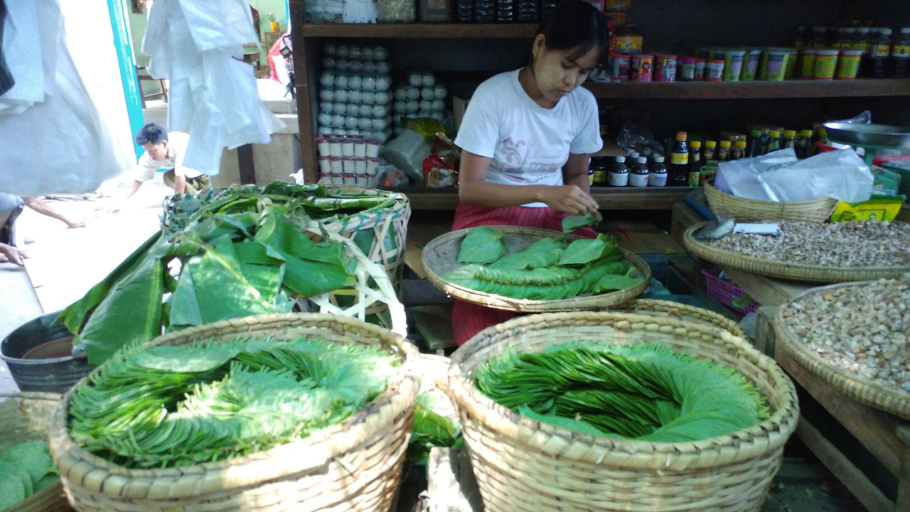바간의 마니 시투 시장에서 깻잎을 파는 아낙.jpg