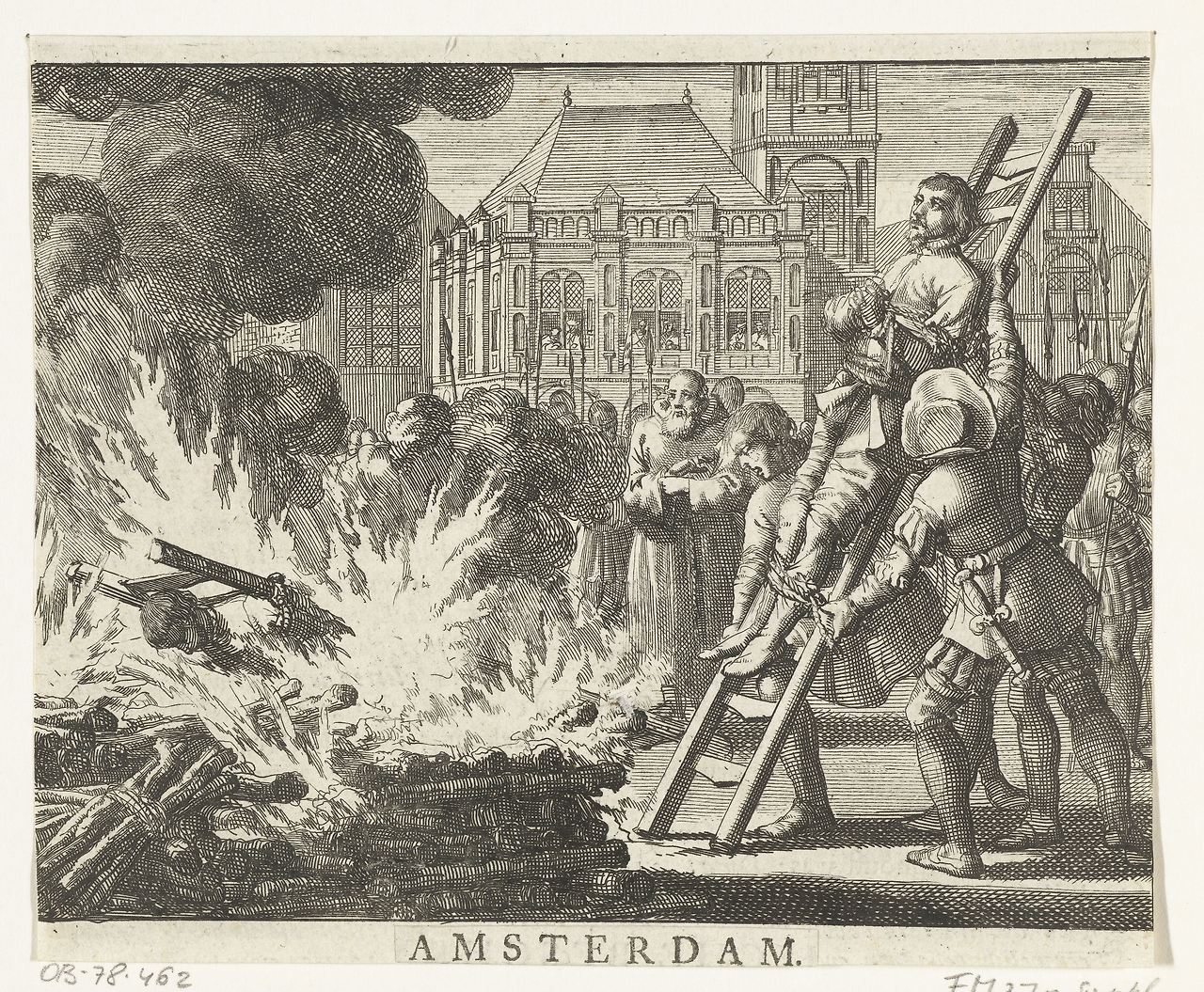 Jacob de Geldersman en Dirk Pietersz. Smuel op de Dam op de brandstapel, 1546, Jan Luyken, 1691 - 1693.jpg