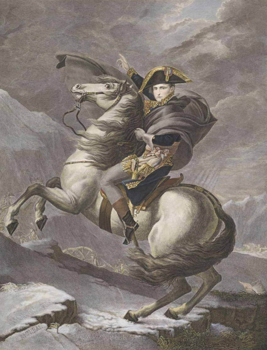 Napoleon steekt de Alpen over bij de St. Bernardpas, Giuseppe Longhi, after Antonio Ghiberti, after Jacques Louis David, 1809.jpg