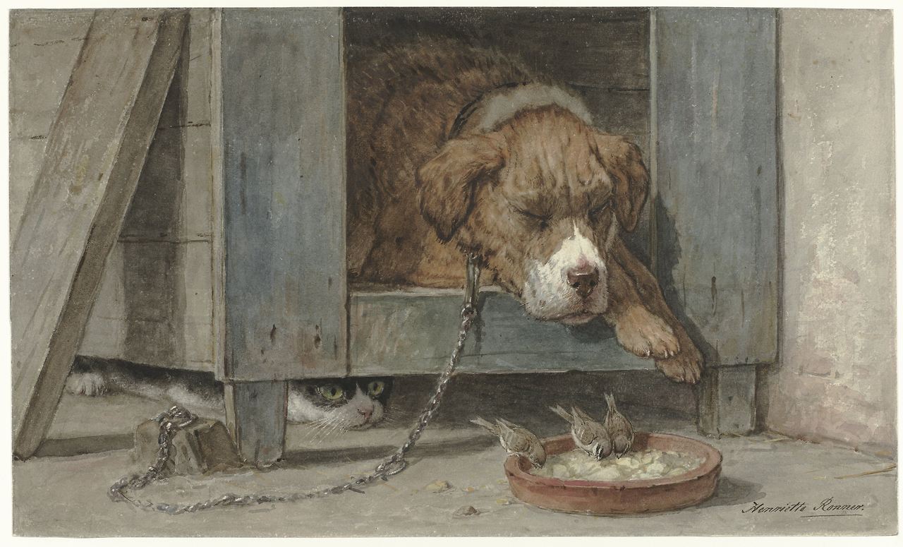 Kat bespiedt vogels bij een slapende hond, Henriëtte Ronner, 1831 - 1909.jpg