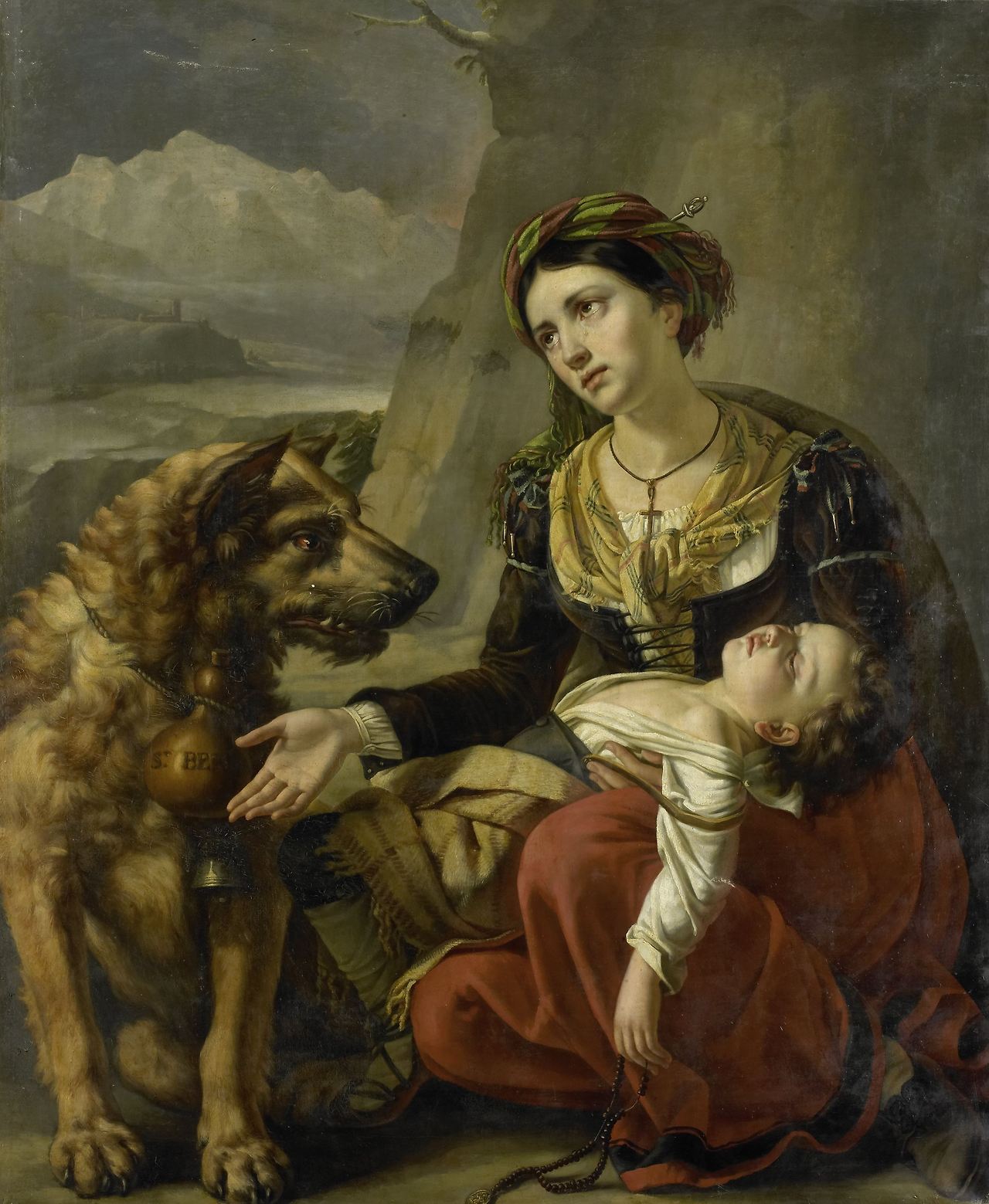 A Saint Bernard Dog Comes to the Aid of a lost Woman with a sick Child, Charles Picqué, 1827.jpg