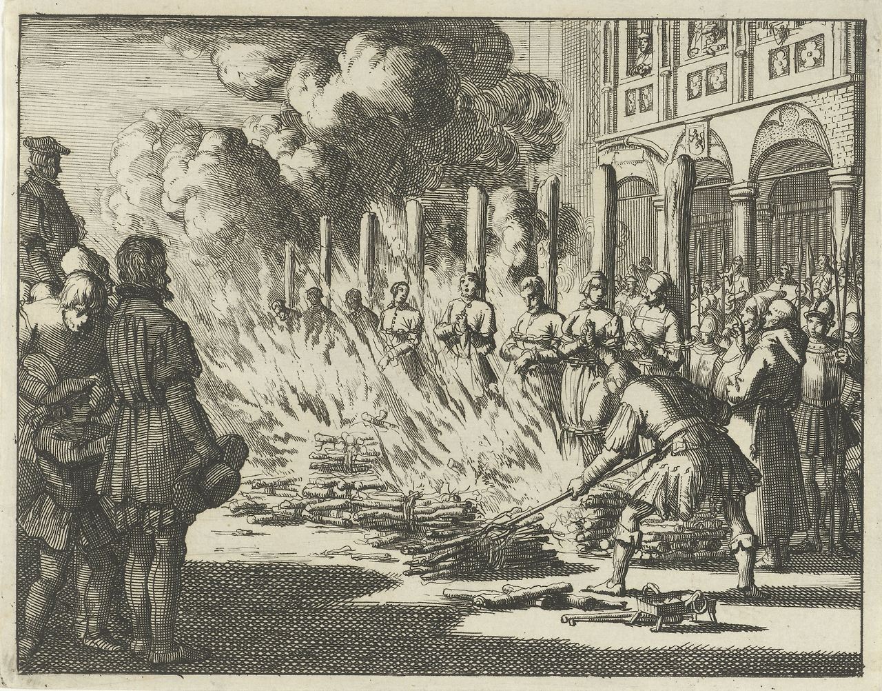 Acht dopers op de Dam voor het stadhuis op de brandstapel verbrand, 1549, Jan Luyken, 1693.jpg