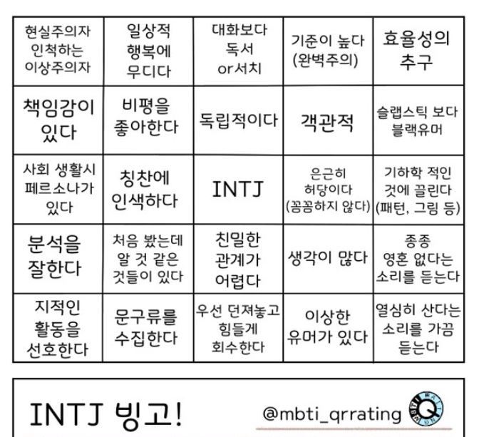 MBTI 연구소 INTJ 유형에 대해 feat. 빙고