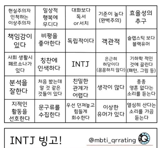 Mbti 연구소 Intj 유형에 대해 Feat 빙고