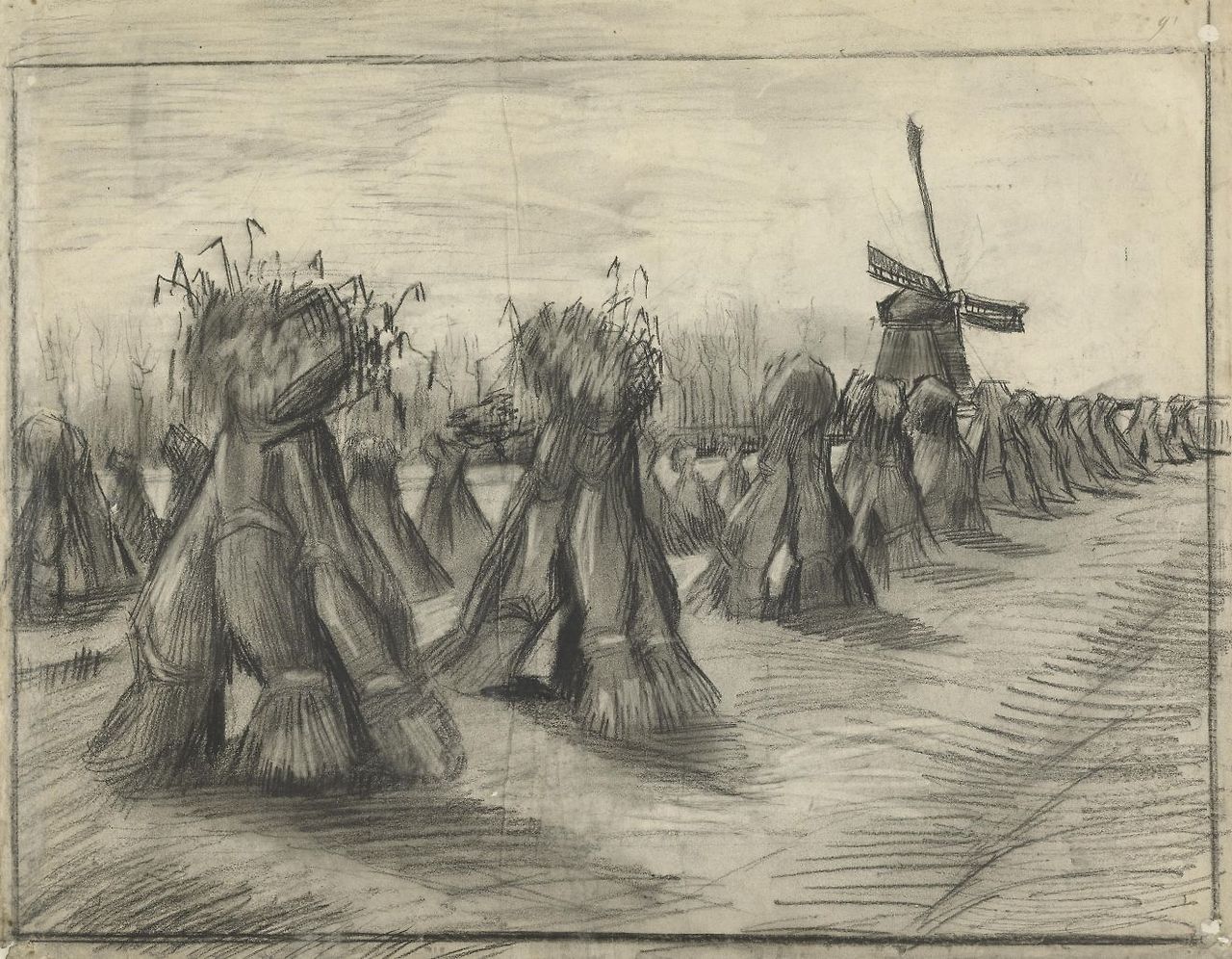 1885 Van Gogh Stooks and a Mill,drawing(Van Gogh Museum Amsterdam).jpg