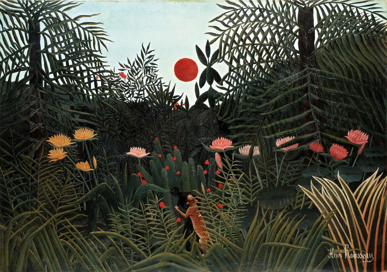 Henri Rousseau, Urwaldlandschaft mit untergehender Sonne : Jungle with setting sun.jpg