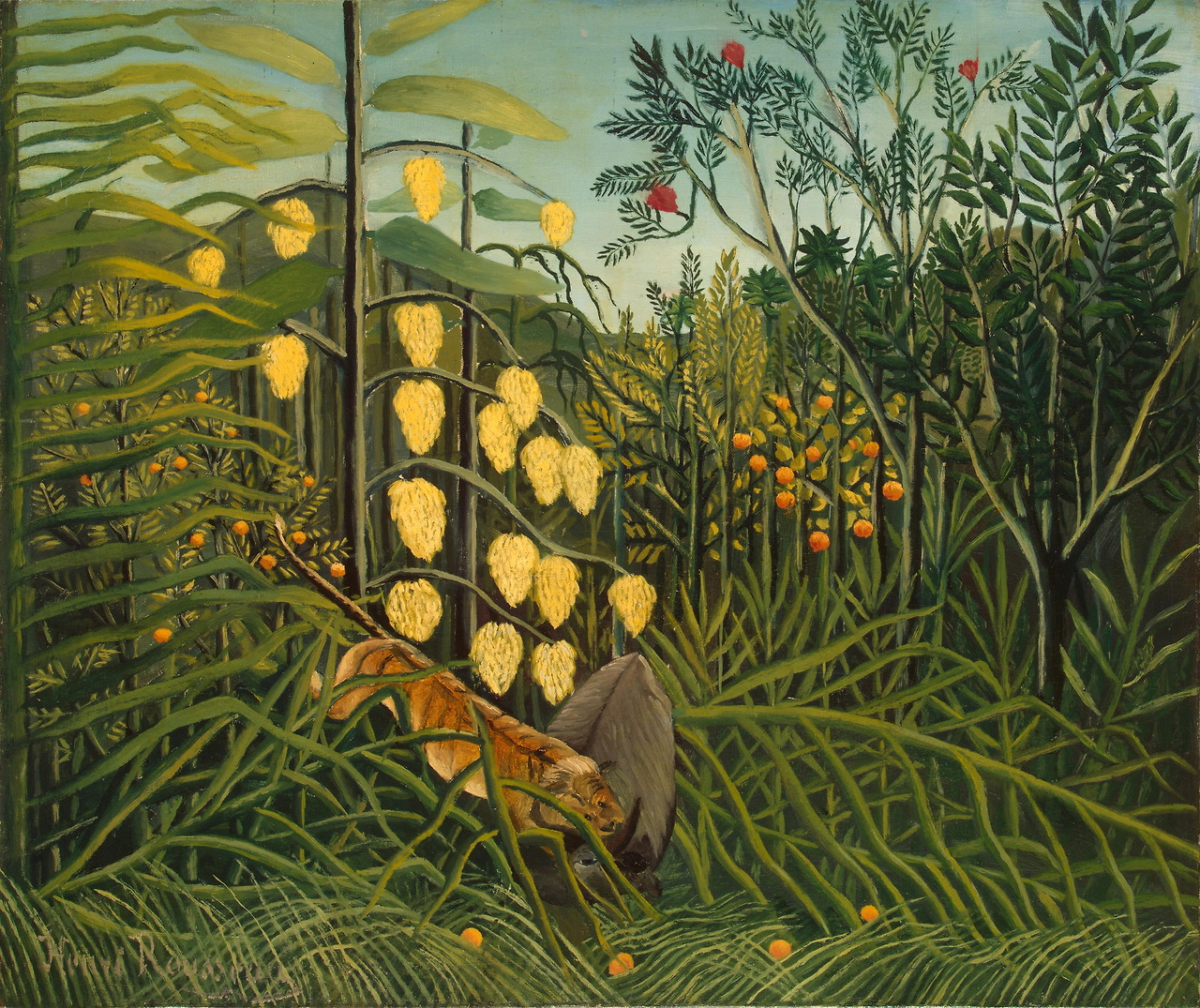 In a Tropical Forest. Struggle between Tiger and Bull  c. 1908-1909. Oil on canvas. 46 x 55 cm. The State Hermitage Museum, Saint Petersburg.jpg