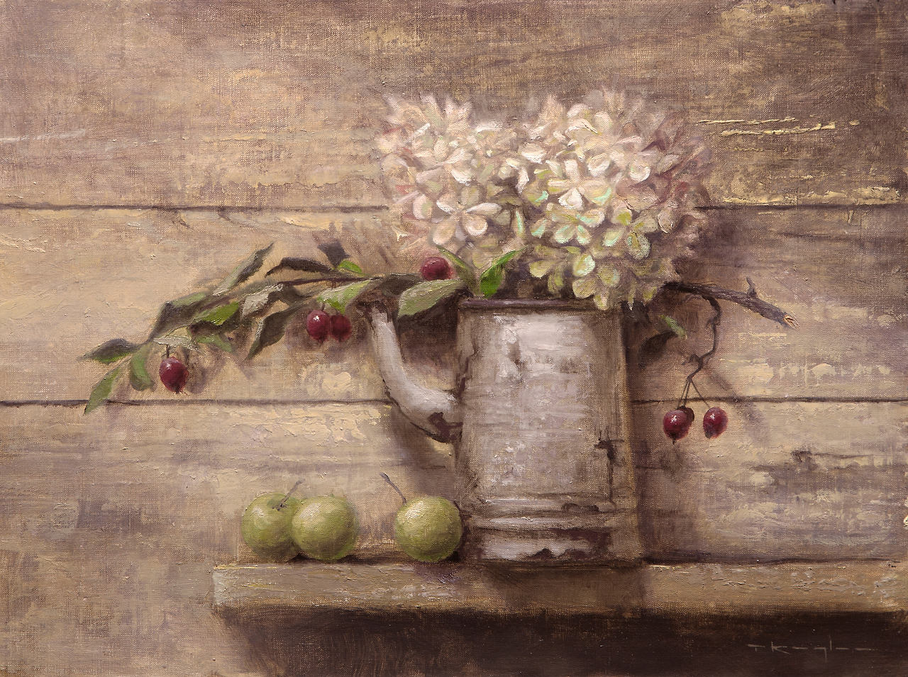 Thomas Kegler - Hydrangeas, Crabapple, and Wild Apples [2015]  [Private Collection - Oil on canvas, 30.48 x 40.64 cm].jpg