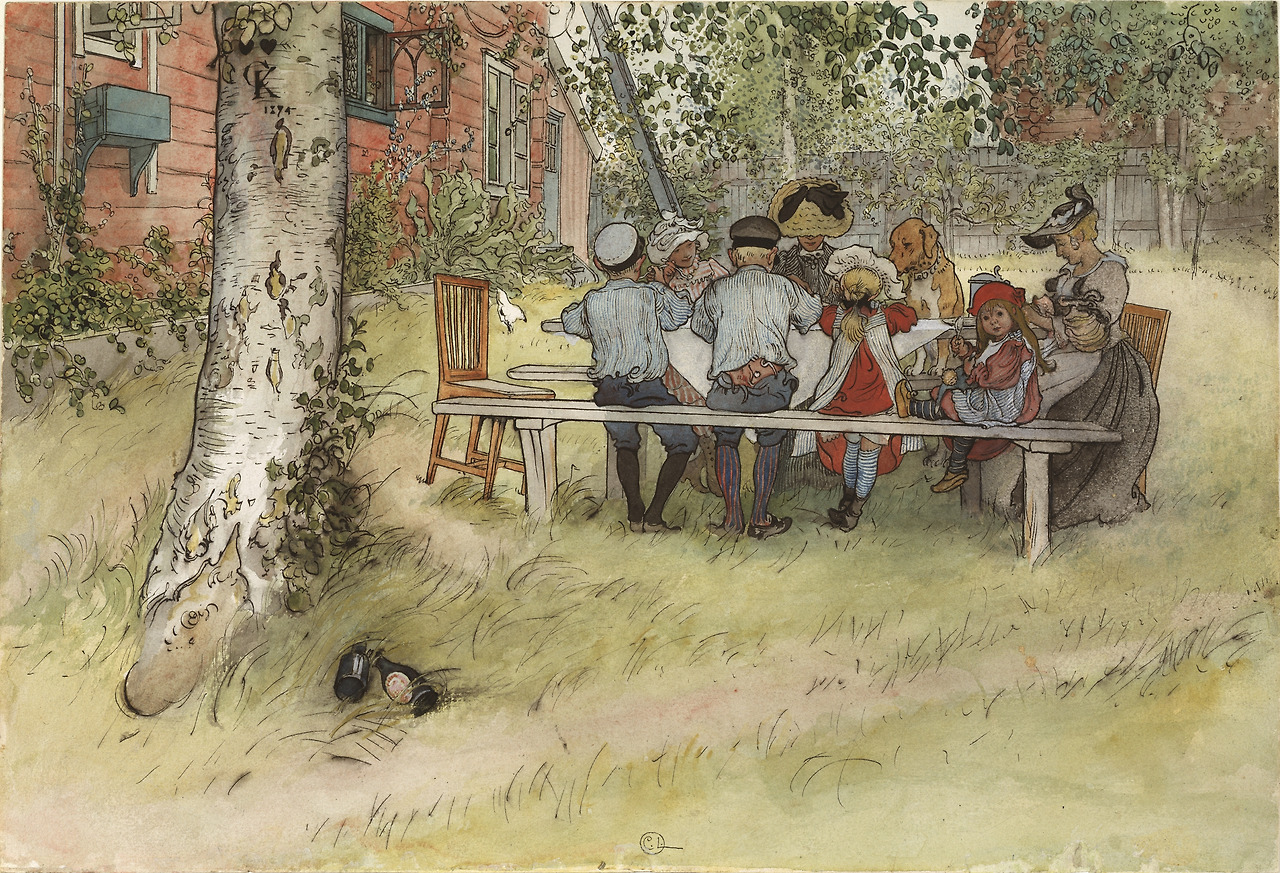 Larsson (Carl), Breakfast under the Big Birch, From A Home (26 watercolours), sd-Nationalmuseum Stockholm.jpg