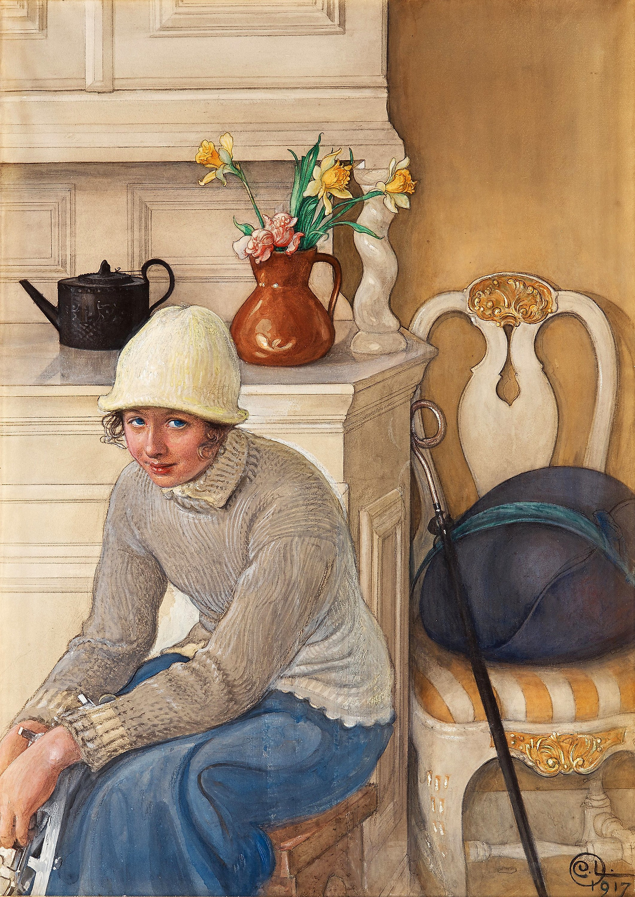 CARL LARSSON, Girl with ice skates, interior from the school household, Falun. Signed C.L. and dated 1917.jpg