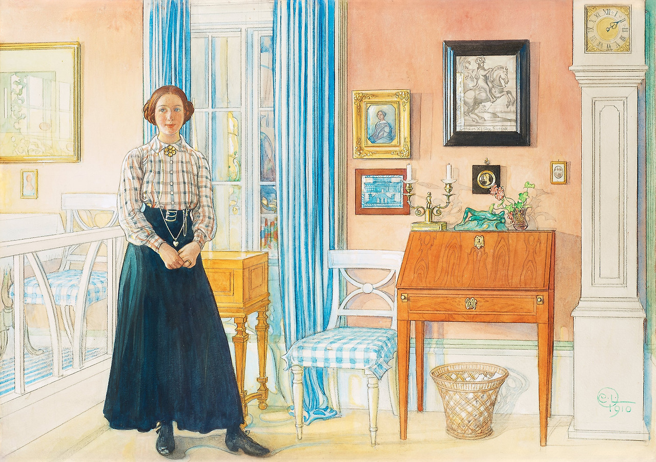 CARL LARSSON, %22Brita i förmaket%22 _ %22Brita och liljan%22 (Brita in the drawing-room _ Brita and the Lily). Signed C.L. and dated 1910. Watercolour on paper mounted on canvas.jpg