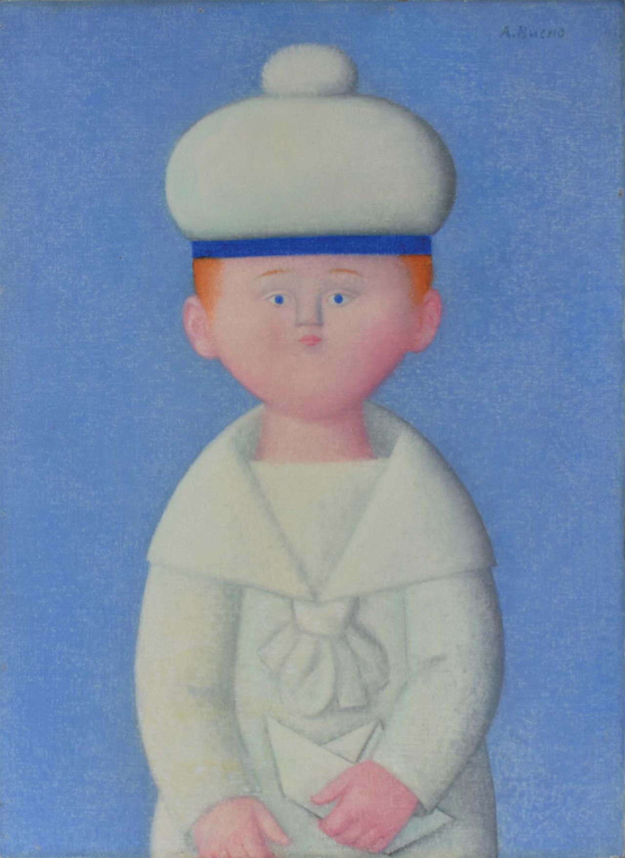 Marinaretto con barchetta, fondo celeste (non datato) (olio su faesite 39,5 x 29,5 cm).jpg