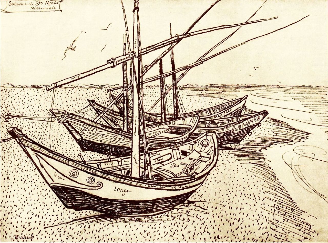 1888 Van Gogh Fishing Boats on the Beach at Saintes-Maries,drawing(private collection).jpg