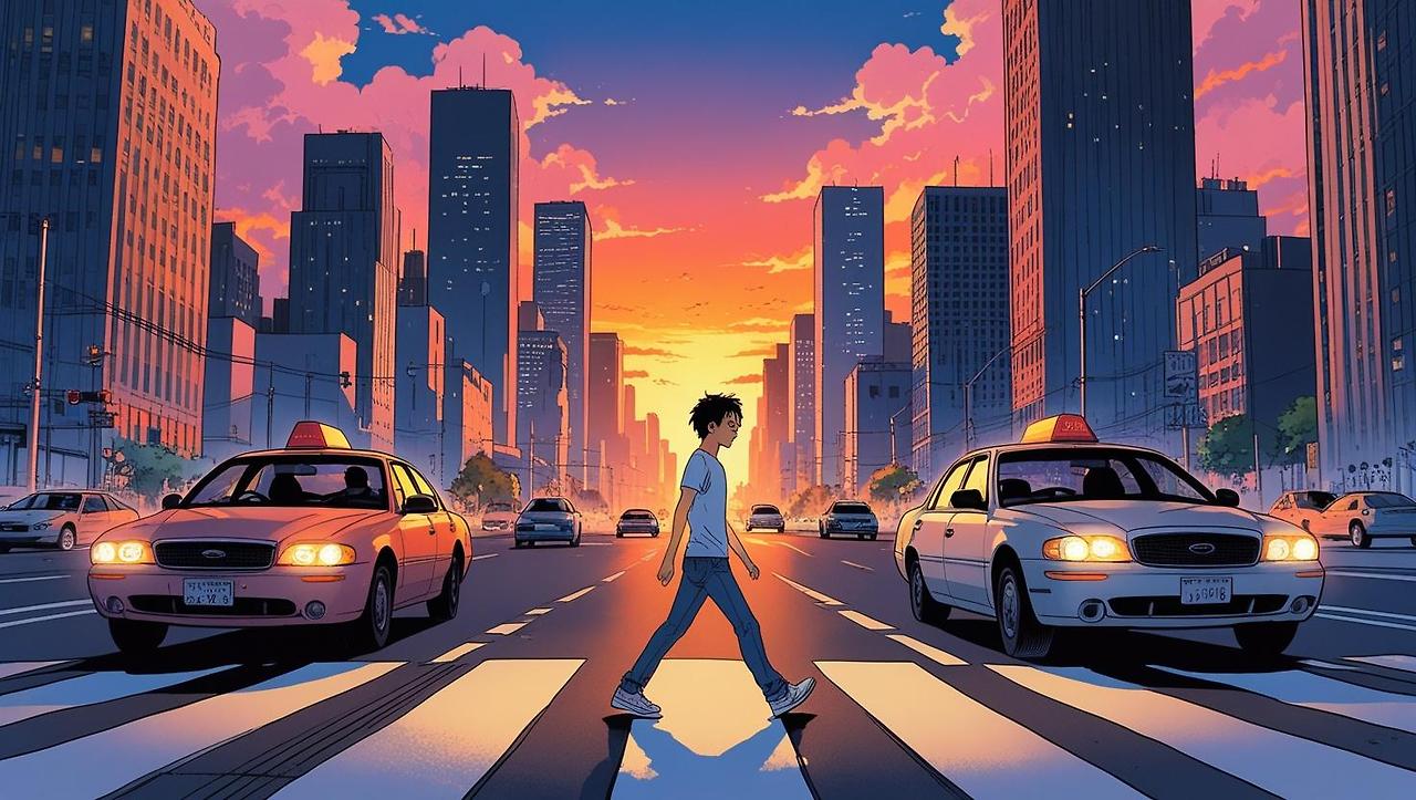 A Caucasian man in casual clothes, jeans and a t-shirt, jaywalking across a bright crosswalk from left to right in a bustling city center during a vibrant sunset. The cityscape is dominated by extremely tall and nu.jpg
