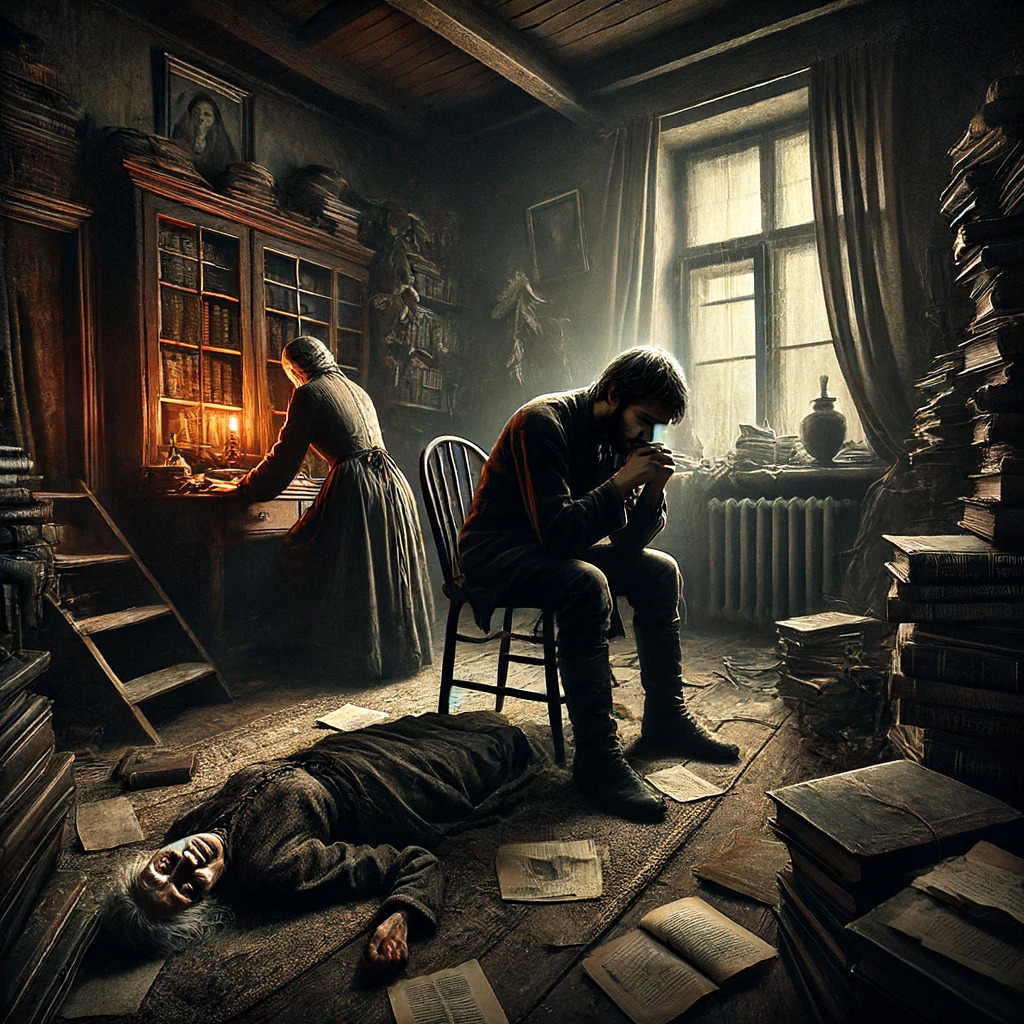 DALL·E 2024-06-14 18.16.41 - A dark, gloomy scene in 19th century Russia, depicting Raskolnikov in a small, dimly lit room filled with books and papers. He looks tormented and gui.jpg