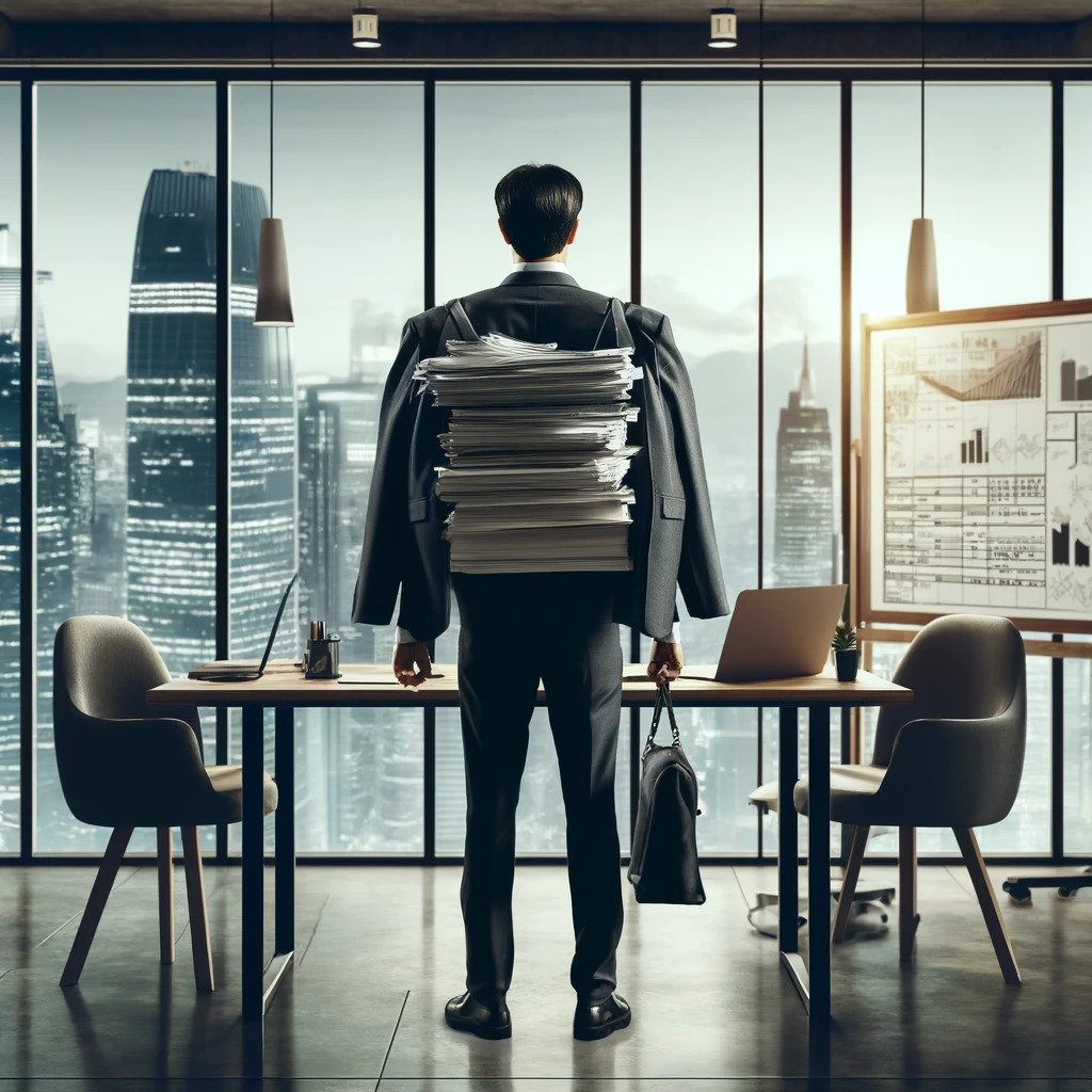 DALL·E 2024-05-16 13.36.20 - The back view of a Korean CEO standing in an office, looking out a large window with a view of a city skyline. The CEO appears stressed and overburden.jpg