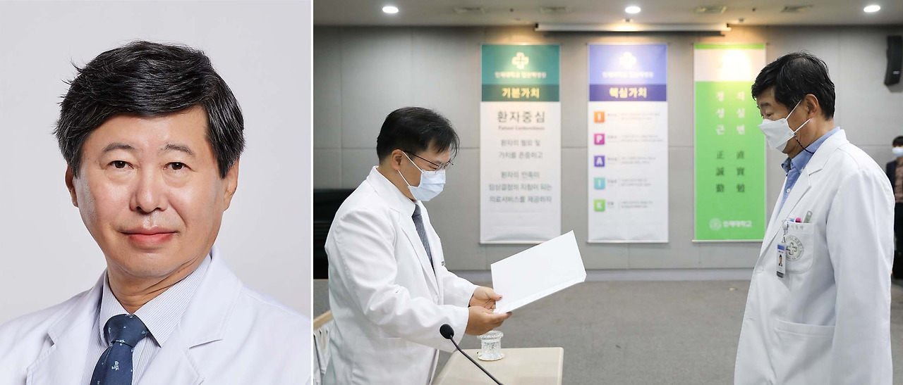 [사진] 이성순 일산백병원 원장이 5월 3일 병원 연석회의에서 이동락 교수에게 성형외과 과장 임명장을 수여했다..jpg
