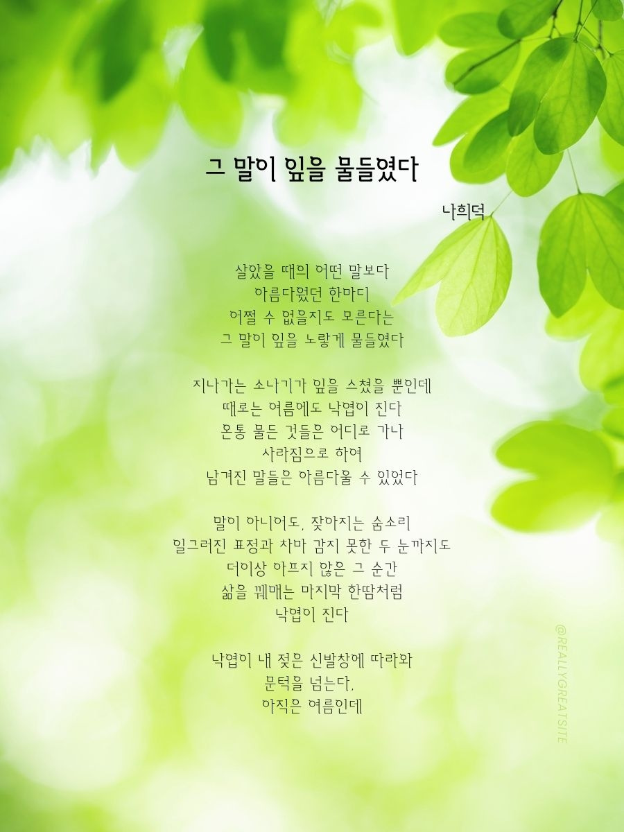 살았을 때의 어떤 말보다 아름다웠던 한마디 어쩔 수 없을지도 모른다는 그 말이 잎을 노랗게 물들였다 지나가는 소나기가 잎을 스쳤을 뿐인데 때로는 여름에도 낙엽이 진다 온통 물든 것들은 어디로 가나 사라짐으로 하여 남겨진 말들은 아름다울 수 있었다 말이 아니어도, 잦아지는 숨소리 일그러진 표정과 차마 감지 못한 두 눈까지도 더이상 아프지 않은 그 순간.jpg