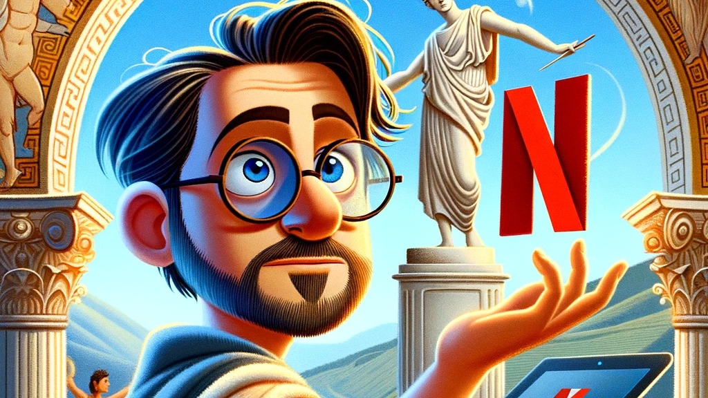 DALL·E 2024-02-13 11.09.56 - Illustration in Pixar animation style, featuring a character representing the Netflix founder in a semi-historical, semi-futuristic outfit, holding an.jpg