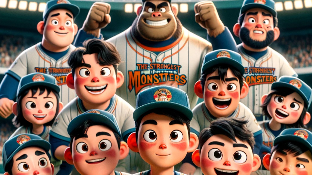 DALL·E 2024-02-14 17.42.52 - Create a Pixar-style illustration of a Korean baseball team called 'The Strongest Monsters,' consisting of players in their mid-30s. The team is depic.jpg