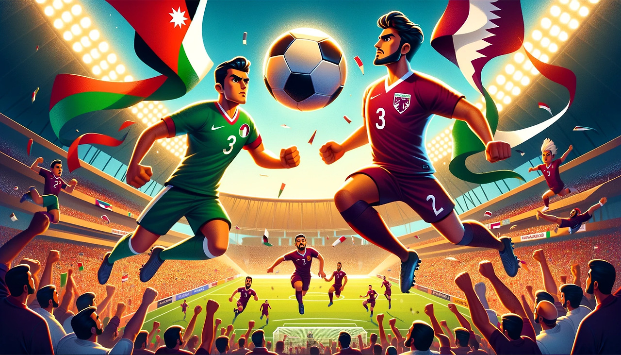 DALL·E 2024-02-08 13.05.42 - Create a vibrant and dynamic poster in the style of Pixar Animation Studios for the 2024 Asian Cup Football Tournament finals between Jordan and Qatar.jpg