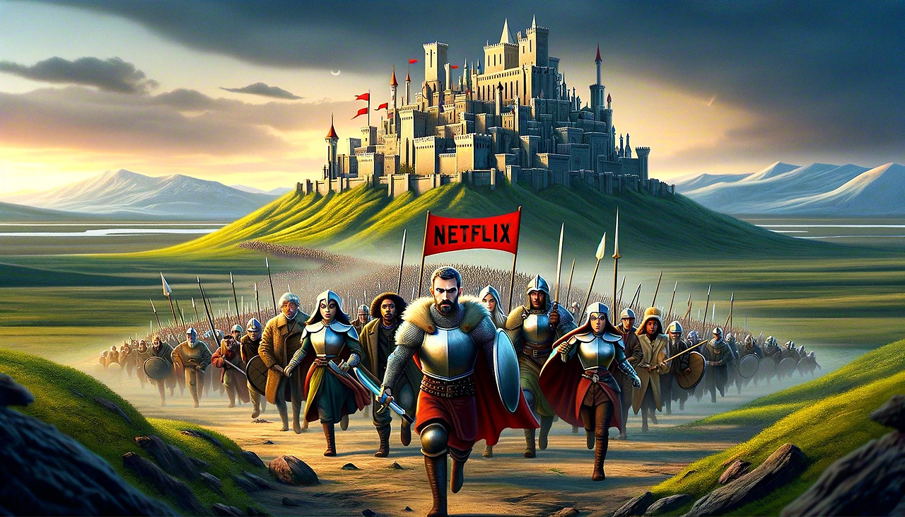 DALL·E 2024-02-16 00.02.14 - Create an illustration in the style of a Pixar animation, depicting a group of valiant warriors representing Netflix on a march towards a colossal for.jpg