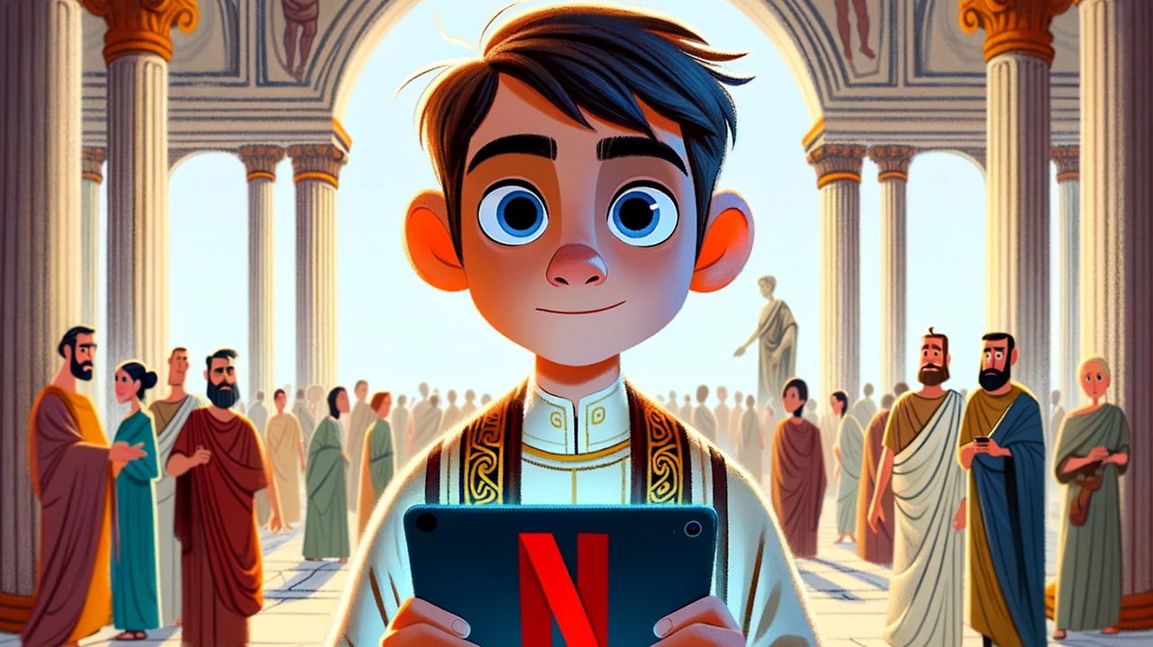 DALL·E 2024-02-16 00.14.07 - Illustrate a scene with a boy in his early teens, returning as an emperor in a modern yet historical setting, with a theme centered around Netflix. Th.jpg